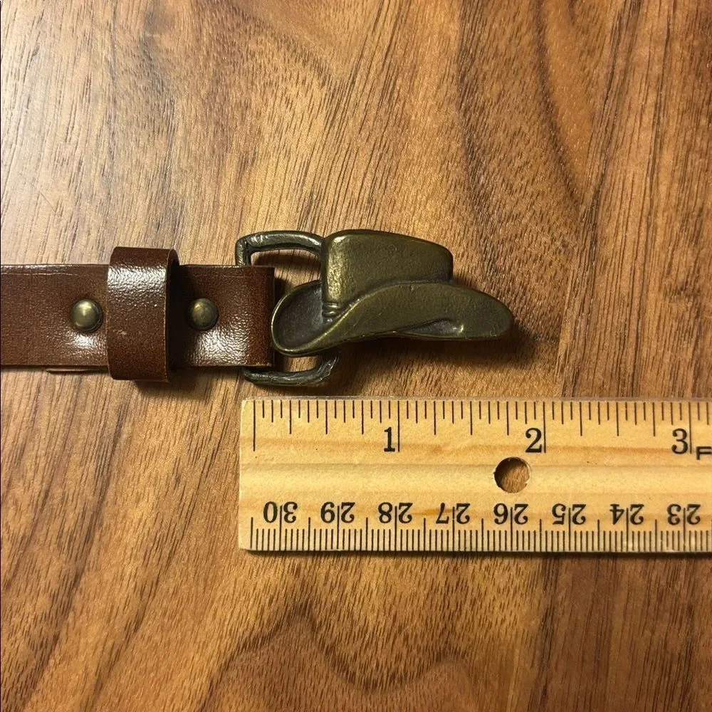 Vintage Brown Leather Belt with Cowboy Hat Belt Buckle